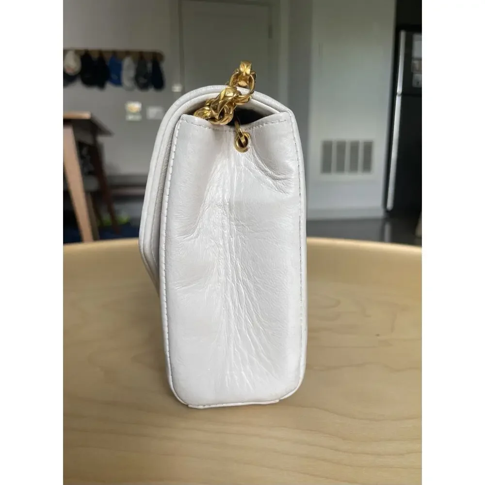 Chanel Diana Small White Leather Flap Bag w/ Gold Shoulder Chain CC Vintage